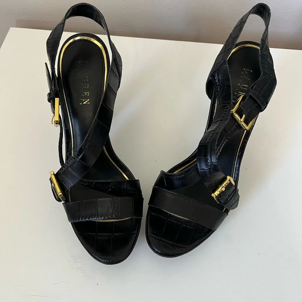 Ralph Lauren Black Croc-Embossed Leather Platform Heels with Gold Buckles